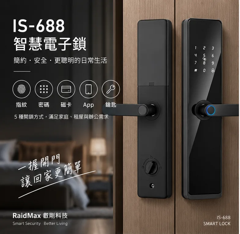 i宿 IS-688 房門款智慧電子鎖,指紋、密碼、磁卡、App、鑰匙五種開鎖