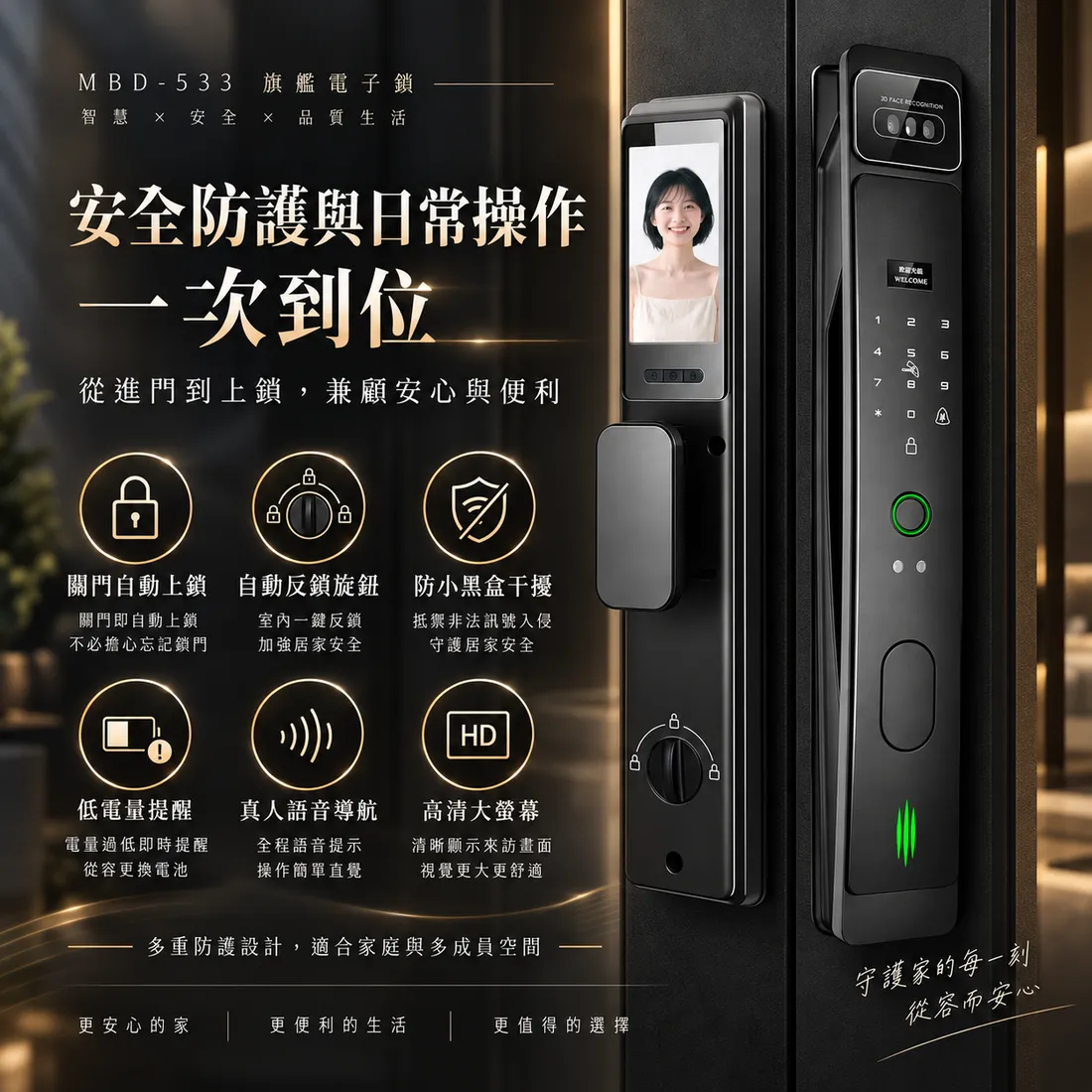 MBD-533 安全防護與日常操作:關門自動上鎖、自動反鎖旋鈕、防小黑盒干擾、低電量提醒、真人語音導航、高清大螢幕